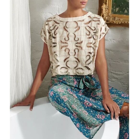 Free People We The Free Embroidered Laser Cutout Boxy Boho Crop Top Size Small - Picture 3 of 15